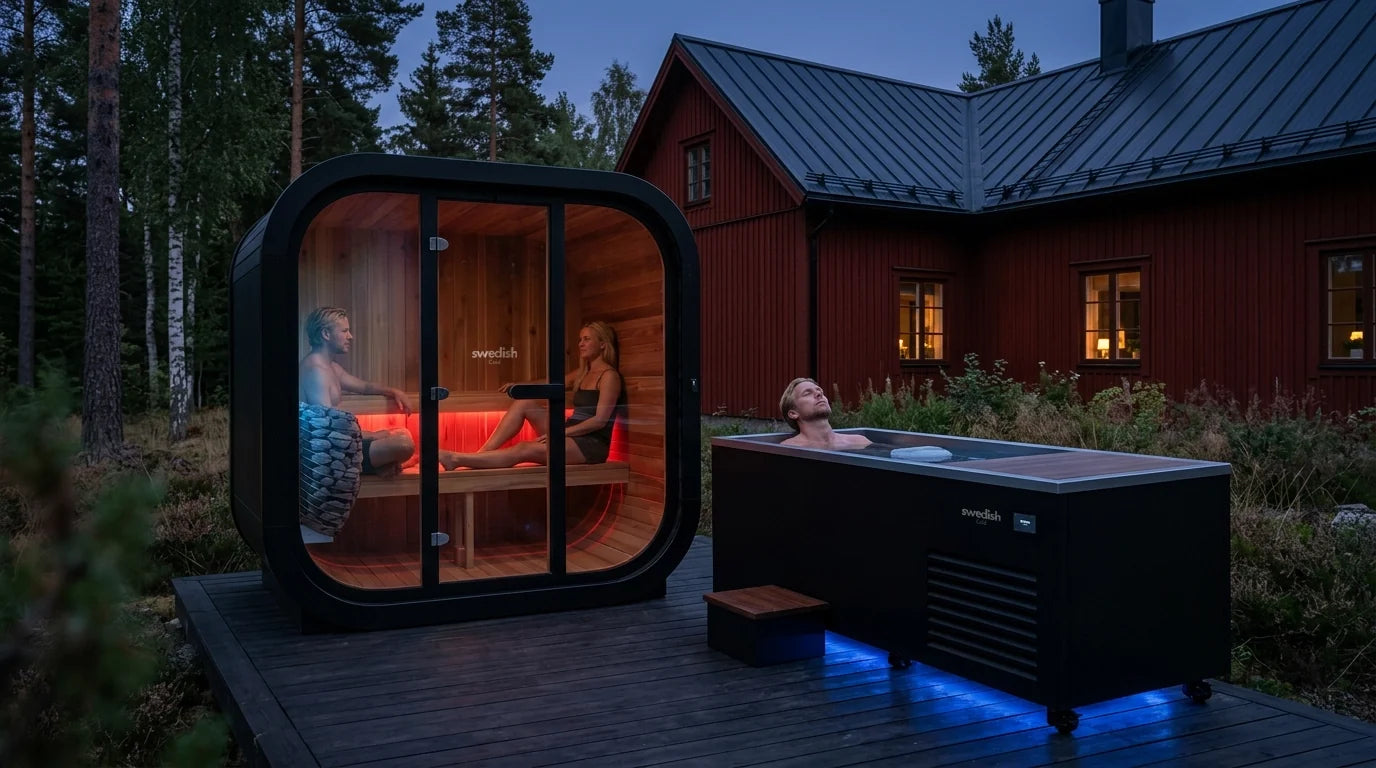 Man som kallbadar i en kallbadstunna på altanen intill en upplyst utomhusbastu i skymningen